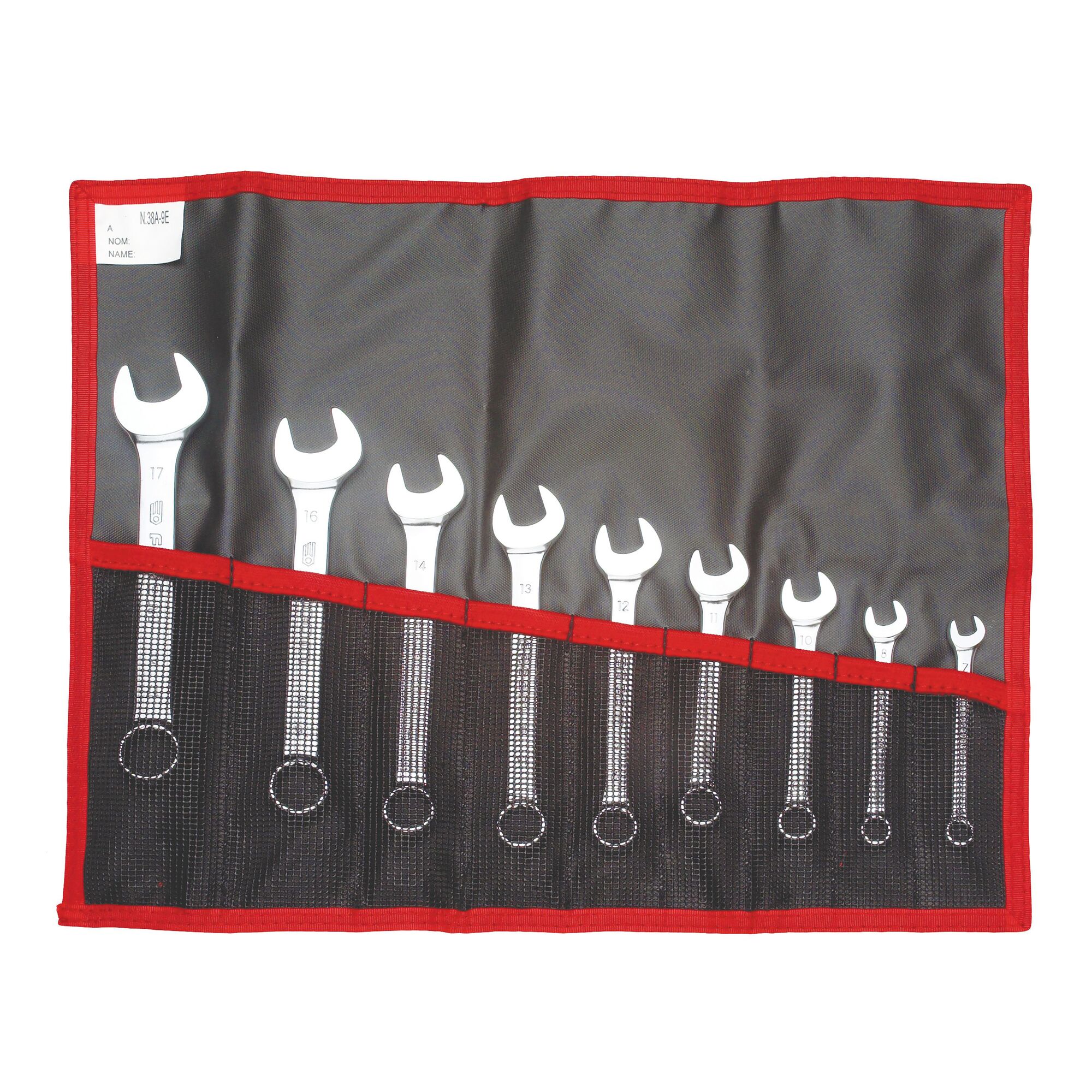 Facom 39_JE9T combination wrench set in a black roll-up pouch with nine wrenches, top view, white background.